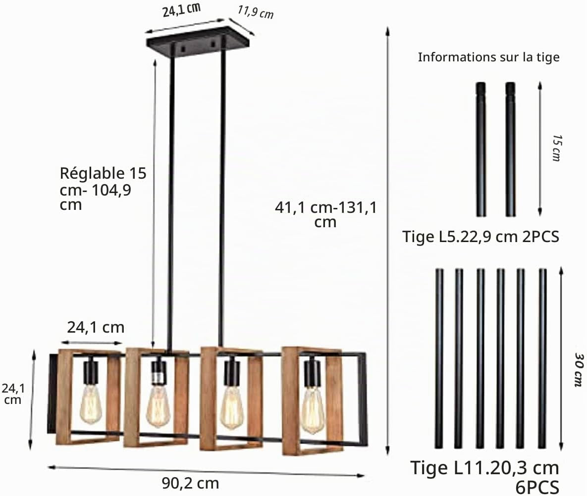 4 Lampes Éclairage De Style Îlot De Cuisine À Lumière Noire, Lampe De Table De Piscine En Bois Et En Métal Plafonnier Plafonnier, Lampe De Chambre À Coucher Réglable En Hauteur Plafond, Lustres