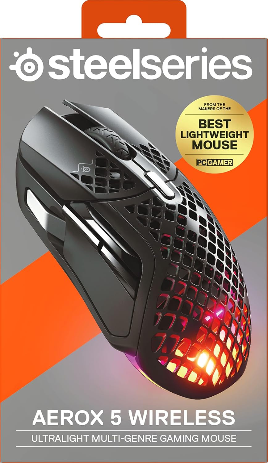 Aerox 5 Wireless - Souris Gaming Perforée RGB - Design Ultra-Léger Et Étanche - 9 Boutons - Bluetooth/2.4 Ghz - Capteur Optique Truemove Air 18K DPI