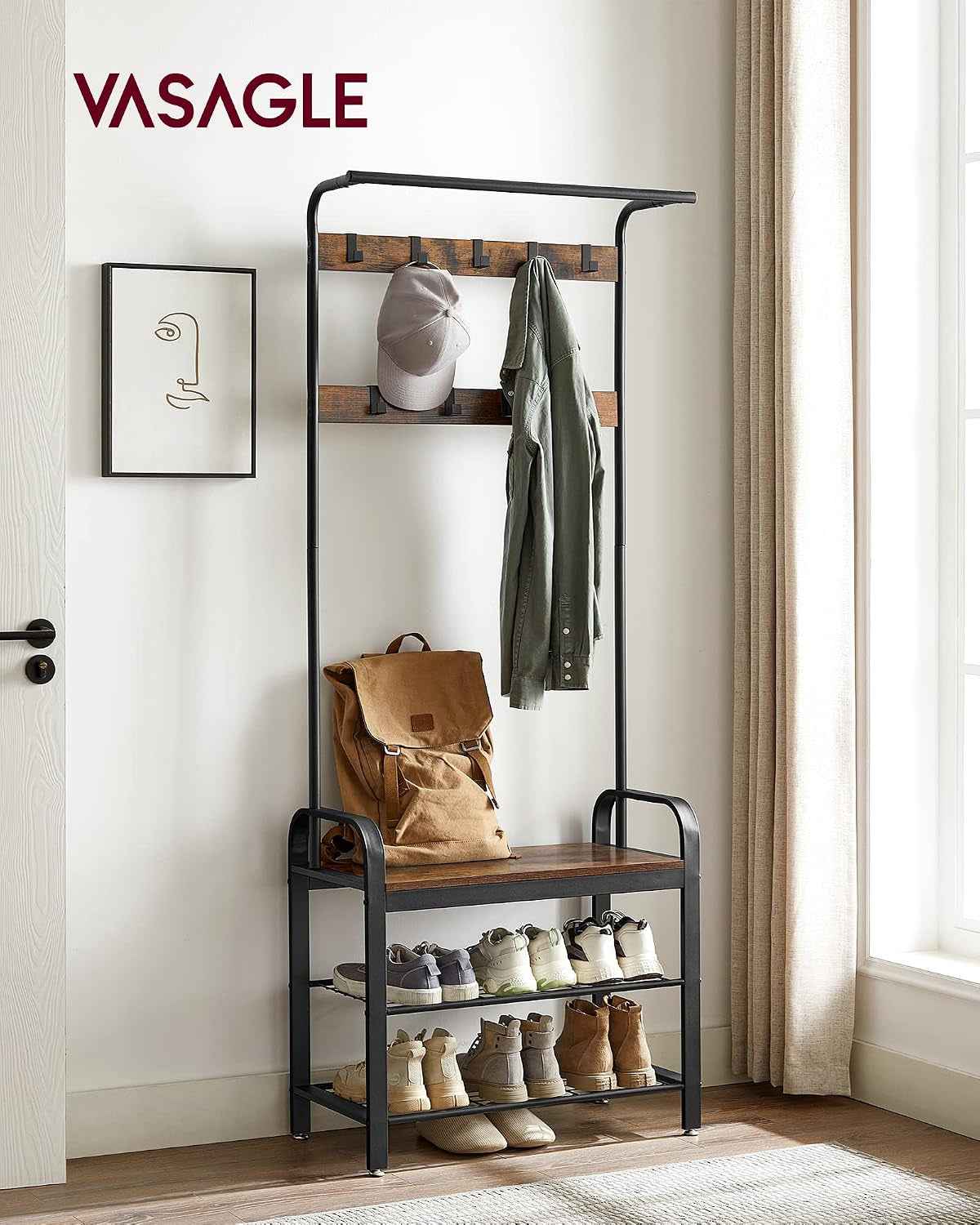 Porte-Manteau Avec Étagère À Chaussures, 4-En-1, Vestiaire | Meuble D'Entrée Avec Banc, Marron Rustique Et Noir, Amovibles, Vestiaire, Style Industriel, Dacey Collection HSR40B