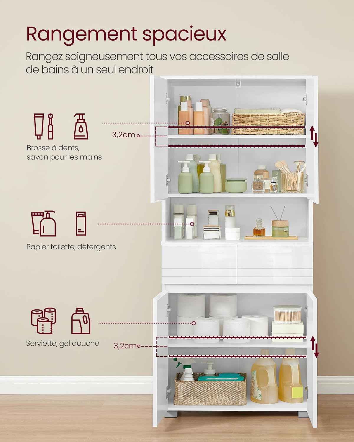 Armoire De Salle De Bain, Meuble De Rangement, Colonne, Avec 2 Tiroirs, Étagères Réglables, Compartiments, 30 X 60 X 170 Cm, Blanc Nuage BBC563W01