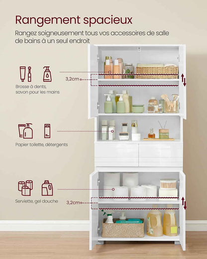 Armoire De Salle De Bain, Meuble De Rangement, Colonne, Avec 2 Tiroirs, Étagères Réglables, Compartiments, 30 X 60 X 170 Cm, Blanc Nuage BBC563W01