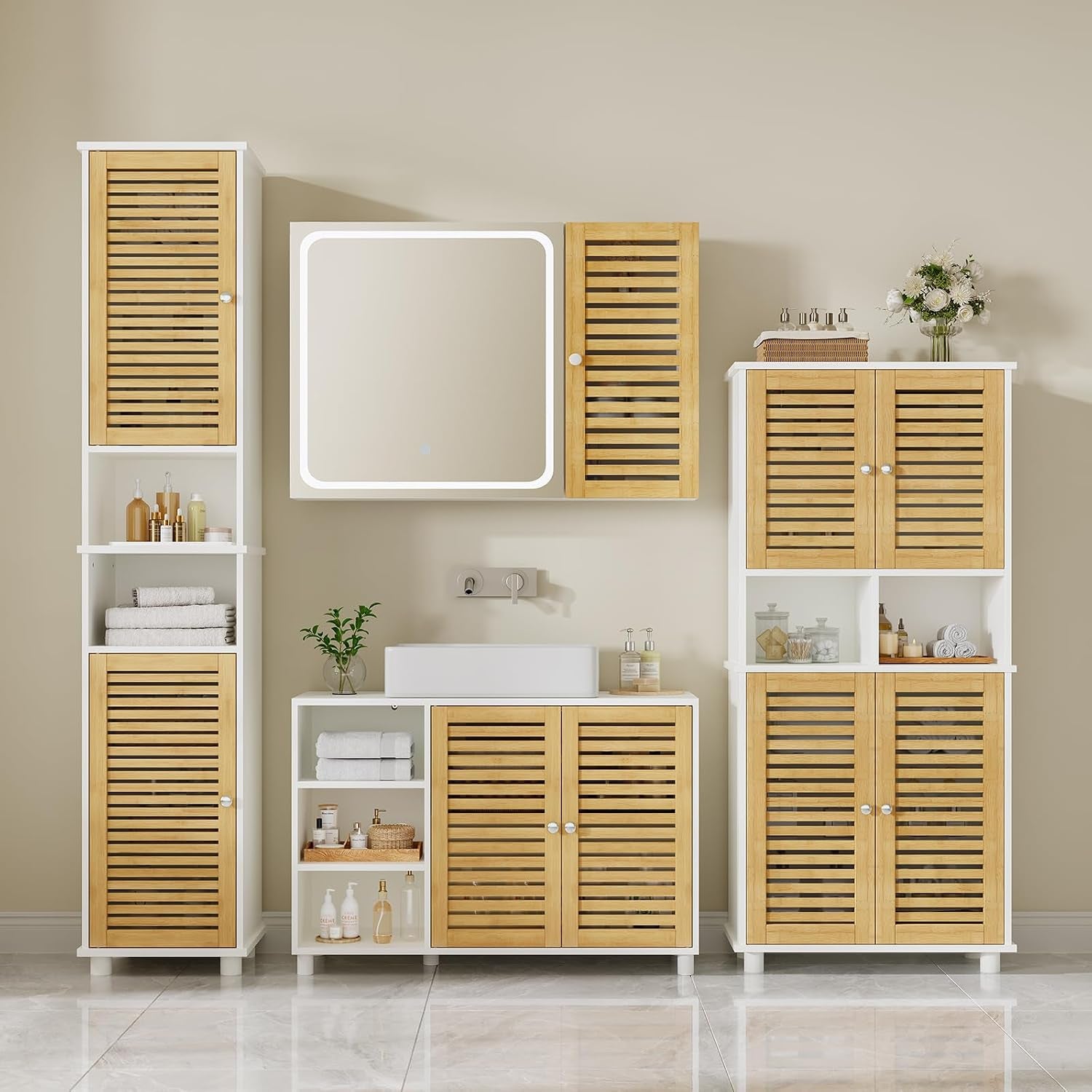Meuble De Rangement, Meuble Colonne Pour Salle De Bain Avec 4 Portes En Bambou, 2 Étagères Réglables Et Ouvertes, Armoire De Salle De Bain Pour Salon Et Cuisine, 60 X 30 X 128 Cm, Blanc
