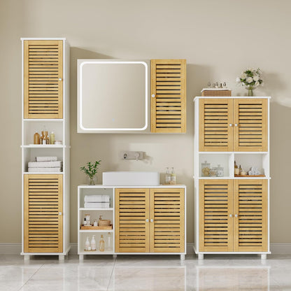 Meuble De Rangement, Meuble Colonne Pour Salle De Bain Avec 4 Portes En Bambou, 2 Étagères Réglables Et Ouvertes, Armoire De Salle De Bain Pour Salon Et Cuisine, 60 X 30 X 128 Cm, Blanc