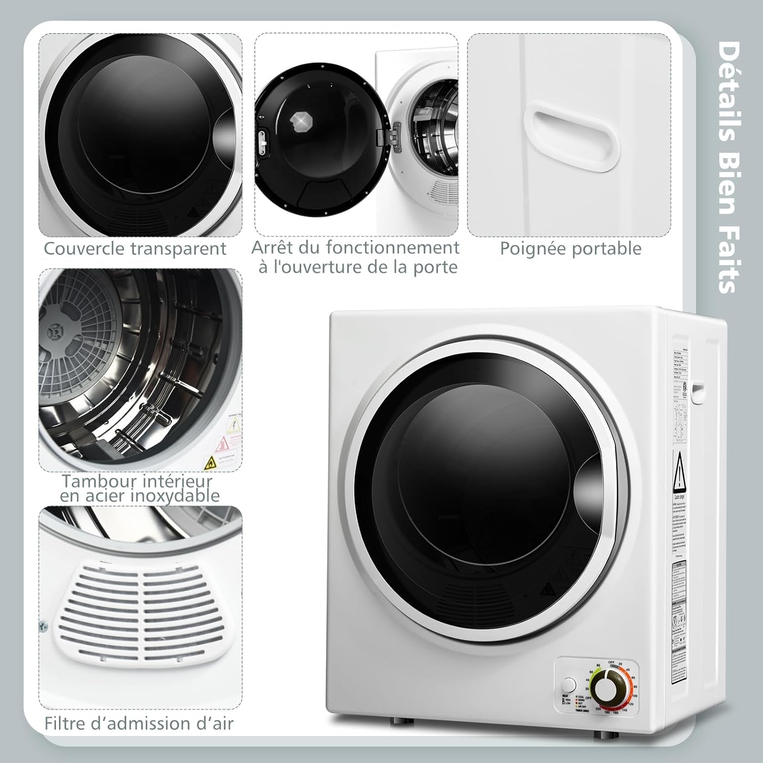 Sèche-Linge Électrique Compact 2,5KG Capacité De 42L, Sèche-Linge Portable 850W À Chargement Frontal Avec 4 Modes De Séchage Et Cuve En Acier Inoxydable, Pour Maison Appartement (Blanc)