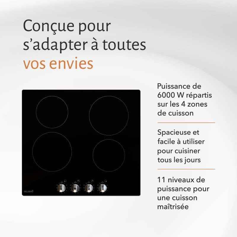 Table Vitrocéramique Manettes - Boutons - 4 Foyers - 6000W