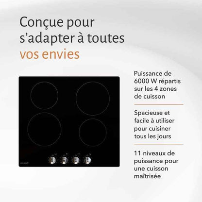Table Vitrocéramique Manettes - Boutons - 4 Foyers - 6000W