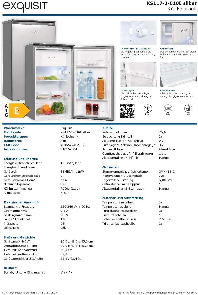 Exquisit KS117-3-010E Kühlschrank, 48Cm Breit, 82 L, LED, Silber