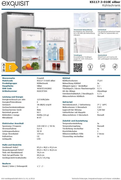 Exquisit KS117-3-010E Kühlschrank, 48Cm Breit, 82 L, LED, Silber
