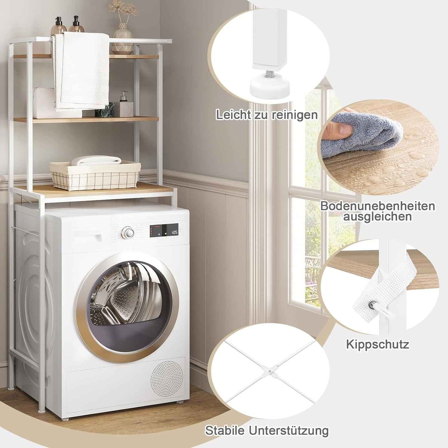 Meuble Machine À Laver, Meuble Dessus WC, À 3 Niveaux, Avec Barre De Suspension, Chêne Clair + Blanc, 67X40X162Cm | 3 Niveaux ; Barre De Suspension ; Autoportante ; Salle De Bain Ou Buanderie