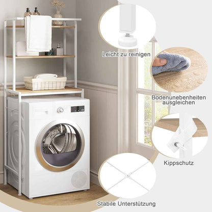 Meuble Machine À Laver, Meuble Dessus WC, À 3 Niveaux, Avec Barre De Suspension, Chêne Clair + Blanc, 67X40X162Cm | 3 Niveaux ; Barre De Suspension ; Autoportante ; Salle De Bain Ou Buanderie