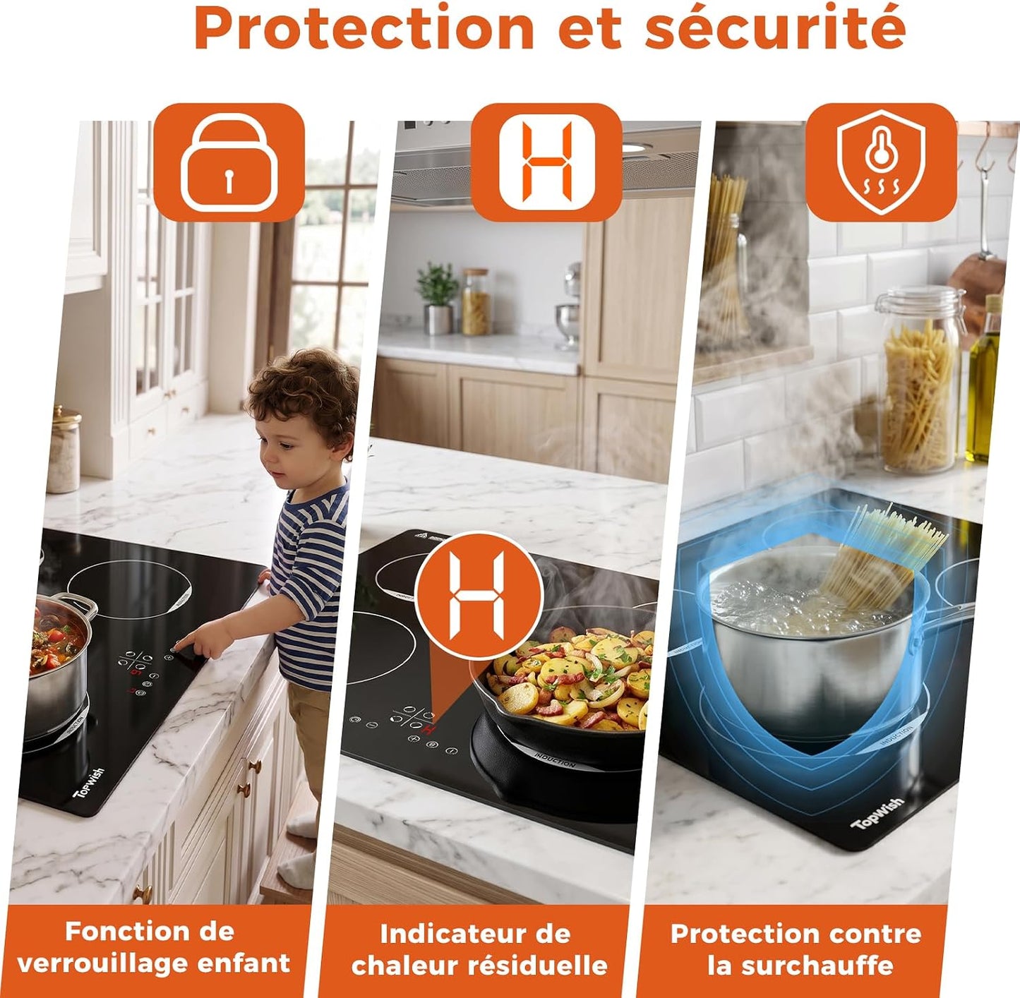 Plaque Induction, Plaque Induction 4 Feux, 7200W | Plaque De Cuisson Electrique, Con Verrou De Sécurité, Boost, Voyant De Surface Chaude, Protection D'Extinction, Timer, 60Cm