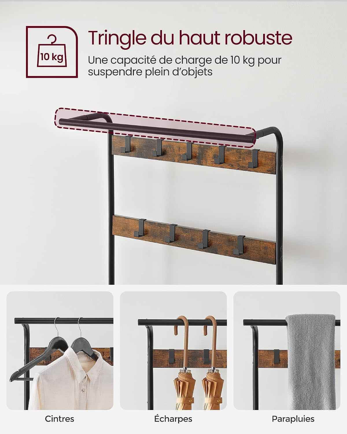 Porte-Manteau Avec Étagère À Chaussures, 4-En-1, Vestiaire | Meuble D'Entrée Avec Banc, Marron Rustique Et Noir, Amovibles, Vestiaire, Style Industriel, Dacey Collection HSR40B