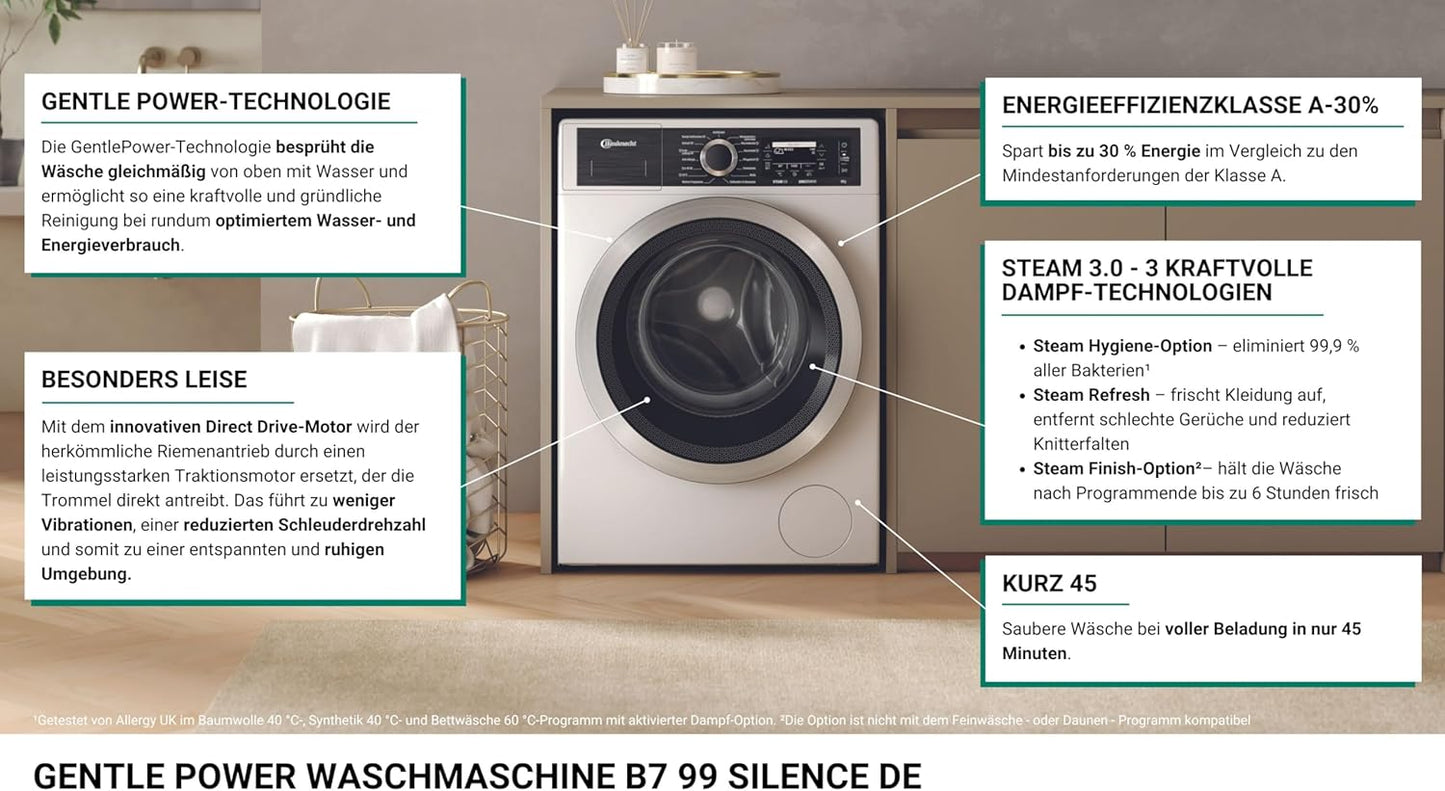 Bauknecht B7 99 Silence DE Machine À Laver À Chargement Frontal/A -30% / 9 Kg/Technologie Gentlepower/Option Hygiène Steam/Moteur Direct Drive/Départ Différé/Sécurité Enfant