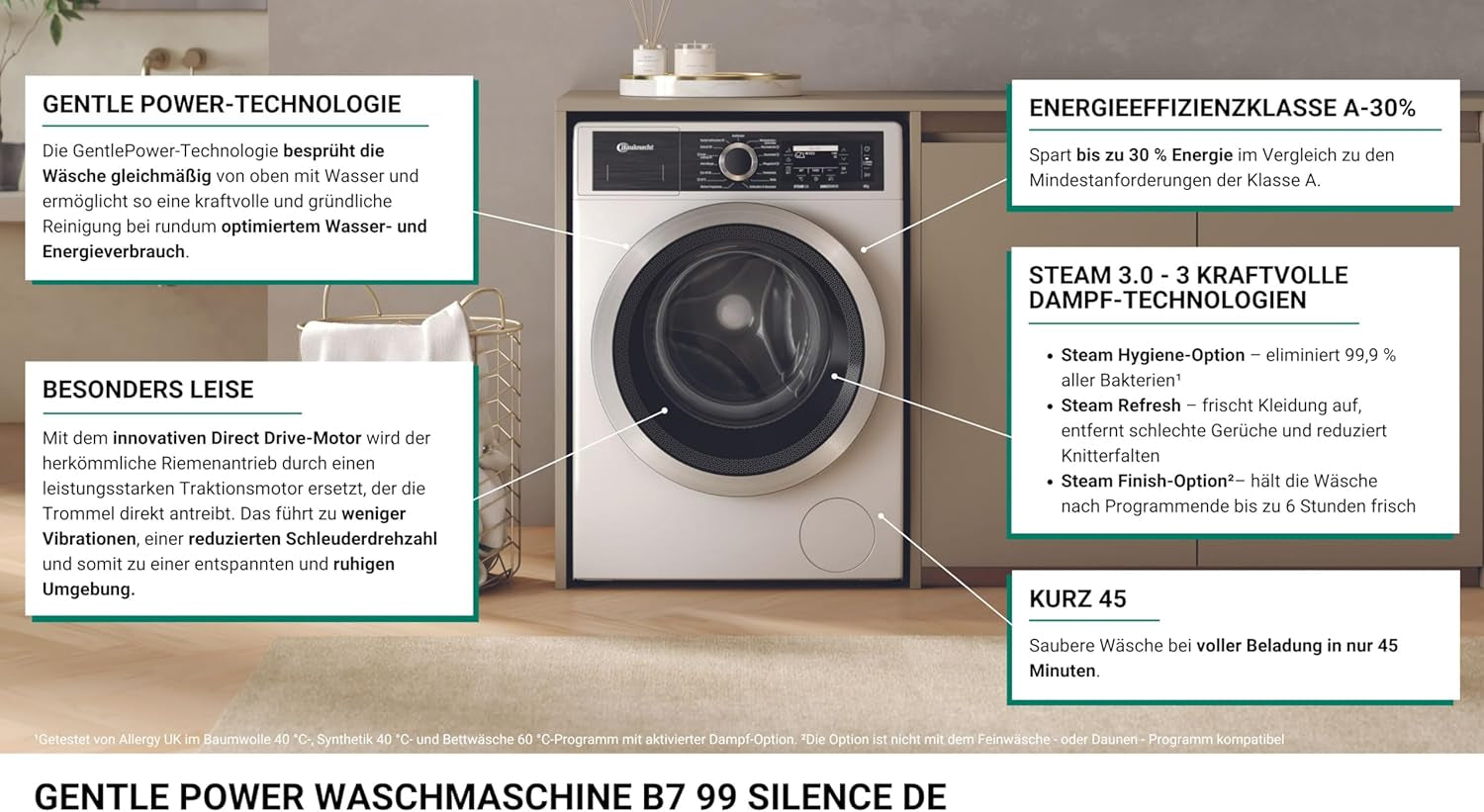 Bauknecht B7 99 Silence DE Machine À Laver À Chargement Frontal/A -30% / 9 Kg/Technologie Gentlepower/Option Hygiène Steam/Moteur Direct Drive/Départ Différé/Sécurité Enfant