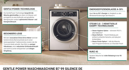 Bauknecht B7 99 Silence DE Machine À Laver À Chargement Frontal/A -30% / 9 Kg/Technologie Gentlepower/Option Hygiène Steam/Moteur Direct Drive/Départ Différé/Sécurité Enfant