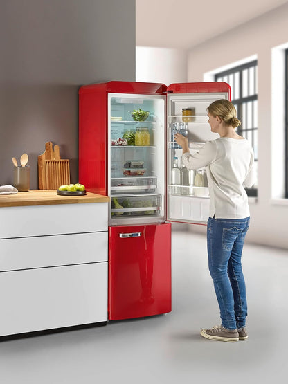 Réfrigérateur Congélateur Combiné Total Nofrost, Pose Libre, Largeur 54Cm, 250 L, Classe E, Veggibox Incluse, Rétro, Rouge, RKG 8927
