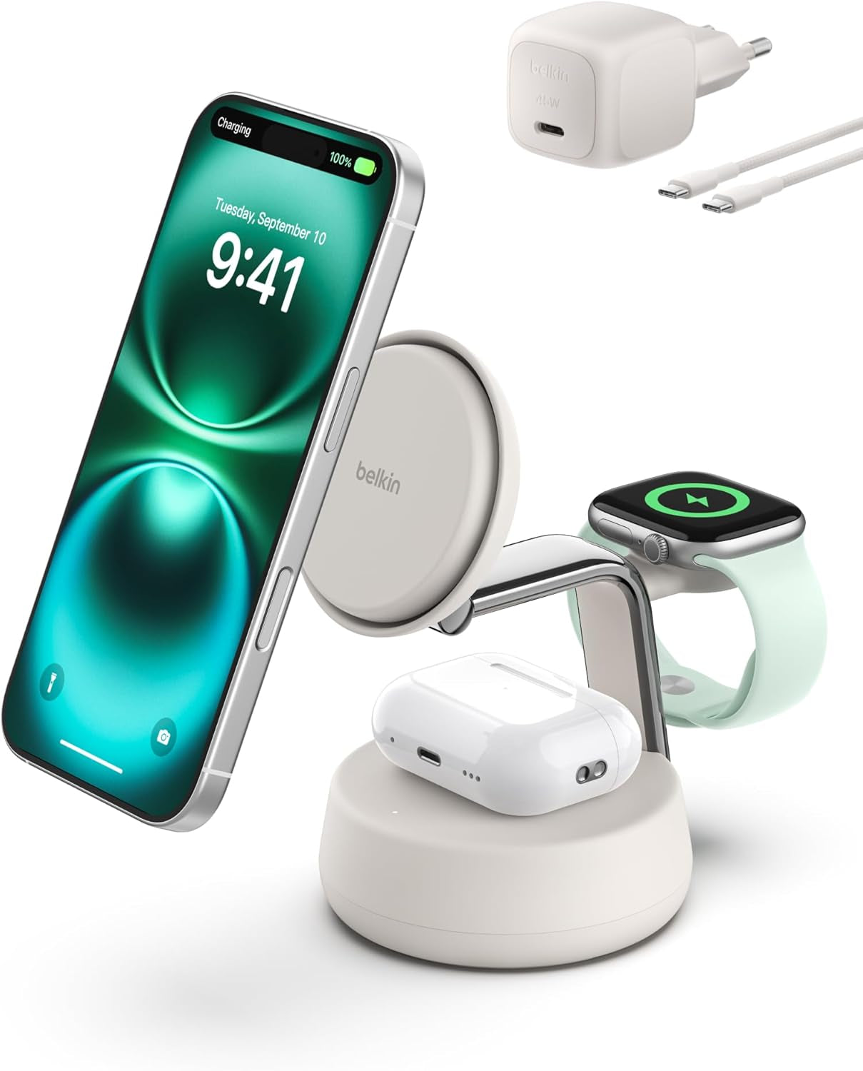 Belkin Ultracharge Pro Station Sans Fil 3-En-1 25 W, Qi2.2 - Beige | Qi2, Chargeur Magnétique Magsafe, Refroidissement, Câble Et Adaptateur Secteur 45 W, Recharge De Trois Appareils