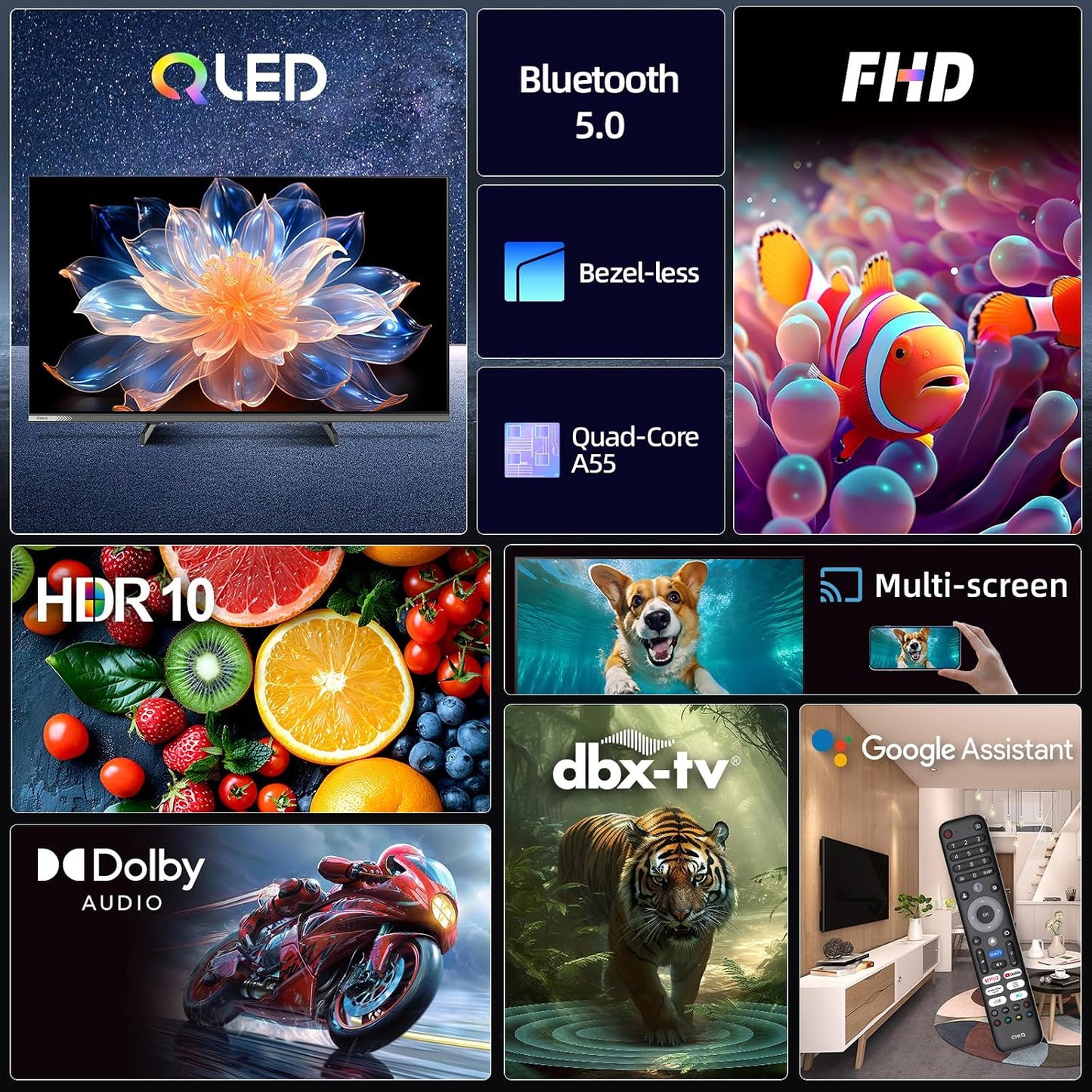 Smart TV Téléviseur QLED 32QA10 32 Pouces | Full HD HDR10 | Dolby Audio Et DBX-TV | Design Métallique Sans Cadre | Chromecast Intégr Nouveau Modèle | Son Dolby Audio, Support HDR10, Chromecast Intégré, Édition 2026
