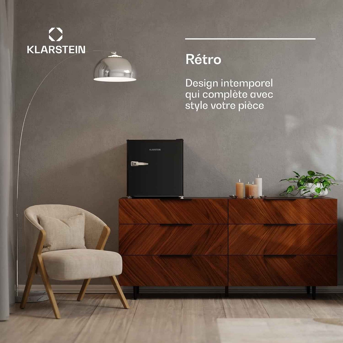 KLARSTEIN Irene 46 L Mini Réfrigérateur Rétro - Silencieux 37 Db, Thermostat Réglable, Petit Réfrigérateur De Chambre, Économe En Énergie, Noir