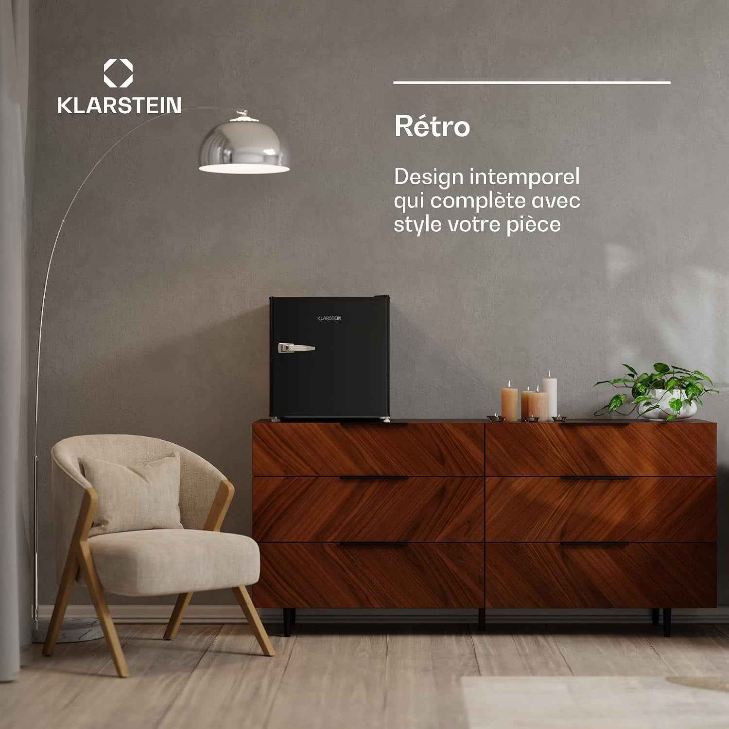KLARSTEIN Irene 46 L Mini Réfrigérateur Rétro - Silencieux 37 Db, Thermostat Réglable, Petit Réfrigérateur De Chambre, Économe En Énergie, Noir