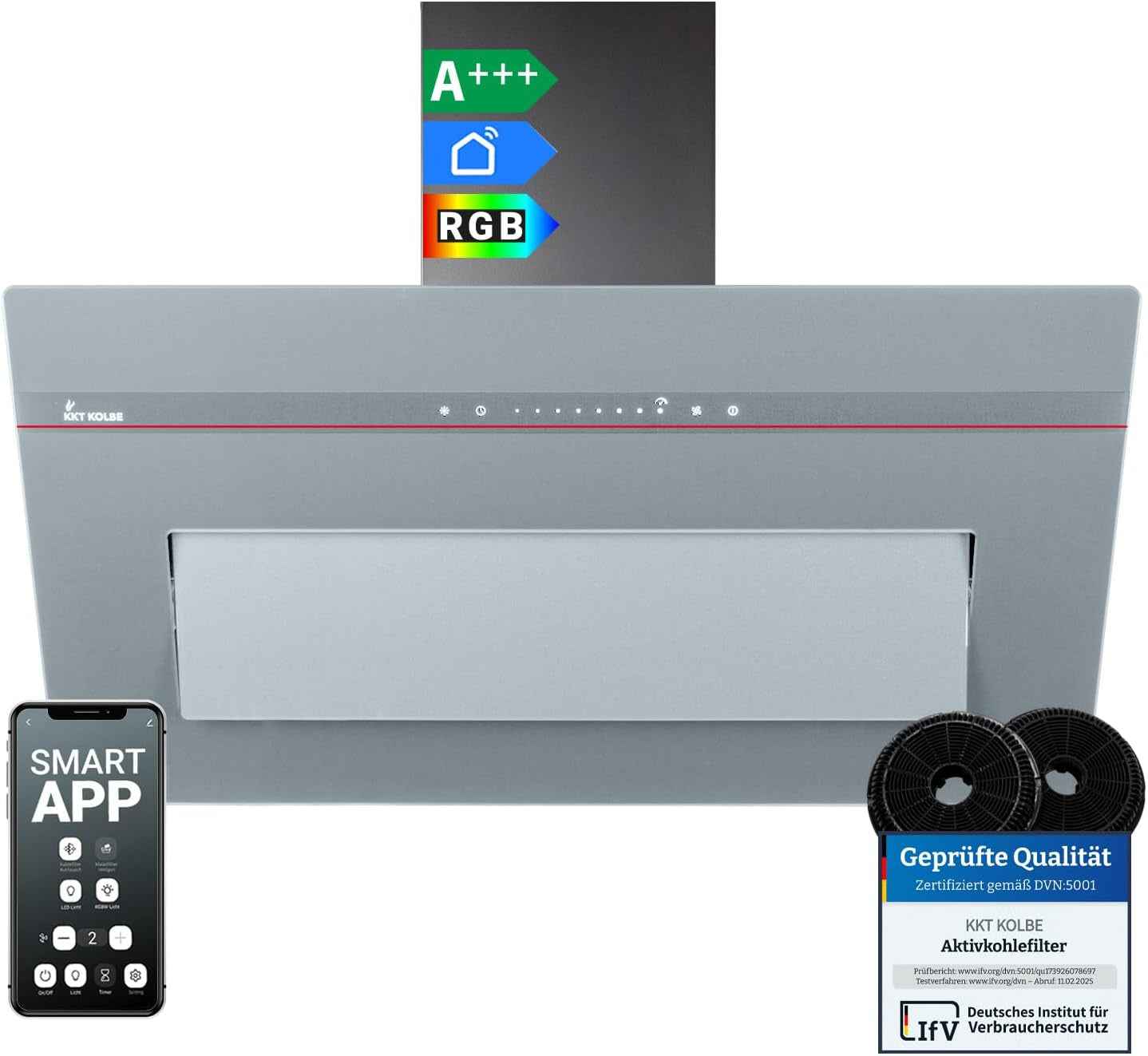 Hotte Murale Inclinée 90 Cm A+++ 782 M³/H Évacuation/Recyclage | Verre Gris Mat | Fonction Arrêt Différé | Smart Wifi App WLAN | Commandes Sensortouch | Éclairage LED RGBW | PLOOM9005G