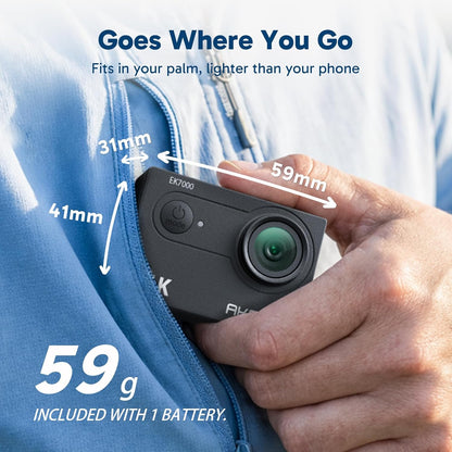 EK7000 Caméra Sport 4K 30FPS 20MP Wif Camera 4K Étanche Stabilisation | Boîtier 40M, Grand Angle 170°, Télécommande 2.4G, Kit Montage, Qualité D'Image Ultra HD Pour Les Passionnés D'Aventure, Noir