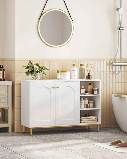Meuble De Salle De Bain Avec 2 Portes, 3 Compartiments Ouverts | Meuble De Rangement Et Étagères Réglables, Armoire Sur Pied, Pour Salon, Entrée, 35 X 100 X 75 Cm, Blanc-Or SC10203G