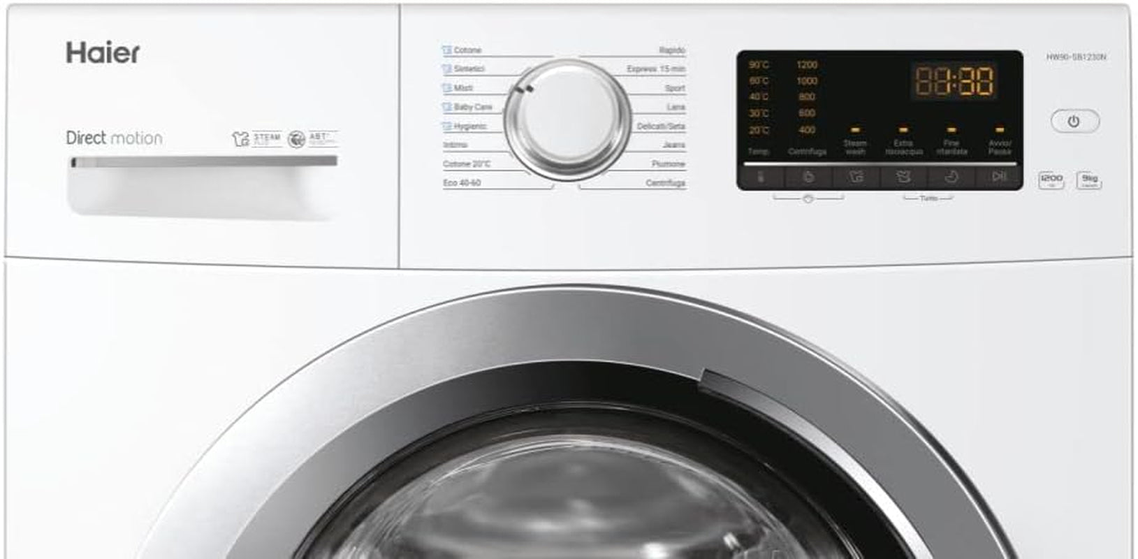 HW90-SB1230N Machine À Laver 9 Kg, Charge Avant, Option Vapeur, 1200 Tours Silencieux, Traitement ABT, Autonome Rangement, Classe Énergétique A, Blanche