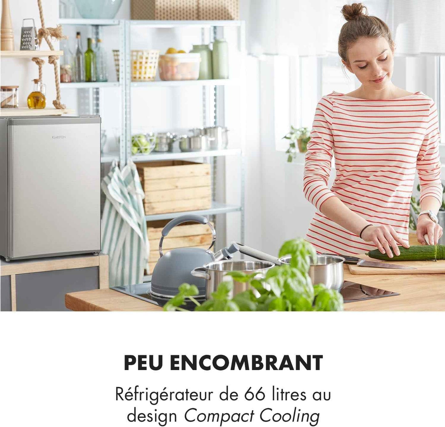 KLARSTEIN Cool Kid - Réfrigérateur À Boissons, Mini-Réfrigérateur, Mini-Bar, 66 Litres, Classe D'Efficacité Énergétique E, 109 Kwh/An, Sur Pied, 45X63X51 Cm (Lxhxp), 42Db, Gris Argent