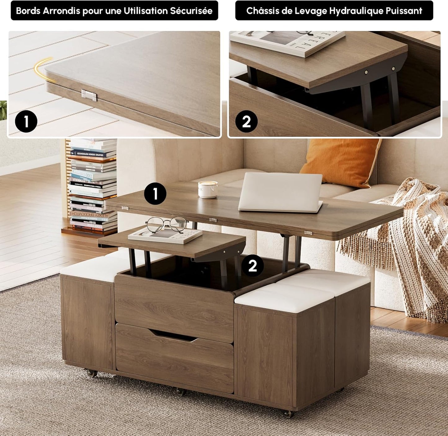 Table Basse Relevable En Bois Avec 4 Chaises Cachées Moelleuses, Tournante Hydraulique, Mode Bureau Salle À Manger, Rangement Intégré, Meuble Moderne Multi-Fonction Noir Noyer