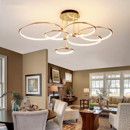 Plafonnier LED, Ø105Cm Lustre Cercle En Métal Doré, 145W Dimmable En Continu 3000-6000K, Pendentif Galvanoplastie Rond Moderne, Chambre Salon Enfants Bureau Étude Cuisine Couloir (6 Anneaux)