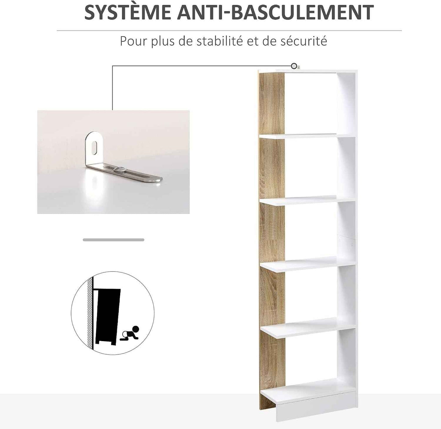 Bibliothèque Étagère De Rangement 45 X 21 X 170 Cm Blanc Et Chêne | 5 Compartiments Ouverts, Design Simple Moderne, Idéale Pour Salon Chambre Bureau