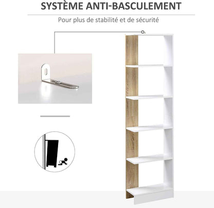 Bibliothèque Étagère De Rangement 45 X 21 X 170 Cm Blanc Et Chêne | 5 Compartiments Ouverts, Design Simple Moderne, Idéale Pour Salon Chambre Bureau