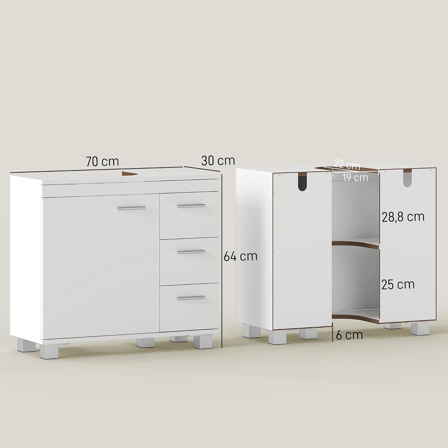 Meuble Sous Lavabo Salle De Bain 3 Tiroirs 70 X 30 X 64 Cm Blanc | Porte À Fermeture Amortie, Armoire Sous Lavabo, Style Moderne