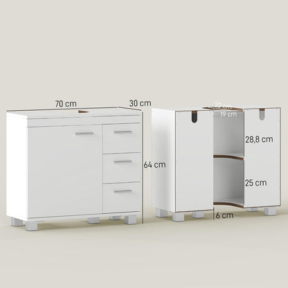 Meuble Sous Lavabo Salle De Bain 3 Tiroirs 70 X 30 X 64 Cm Blanc | Porte À Fermeture Amortie, Armoire Sous Lavabo, Style Moderne