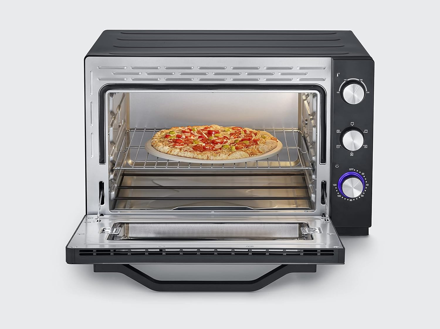 Four Posable XXL À Chaleur Tournante 60 L Avec Pierre À Pizza Et Tournebroche 2 200 W Design Simple Et Élégant, Four Électrique Avec Minuteur 120 Min, Noir/Inox, to 2073