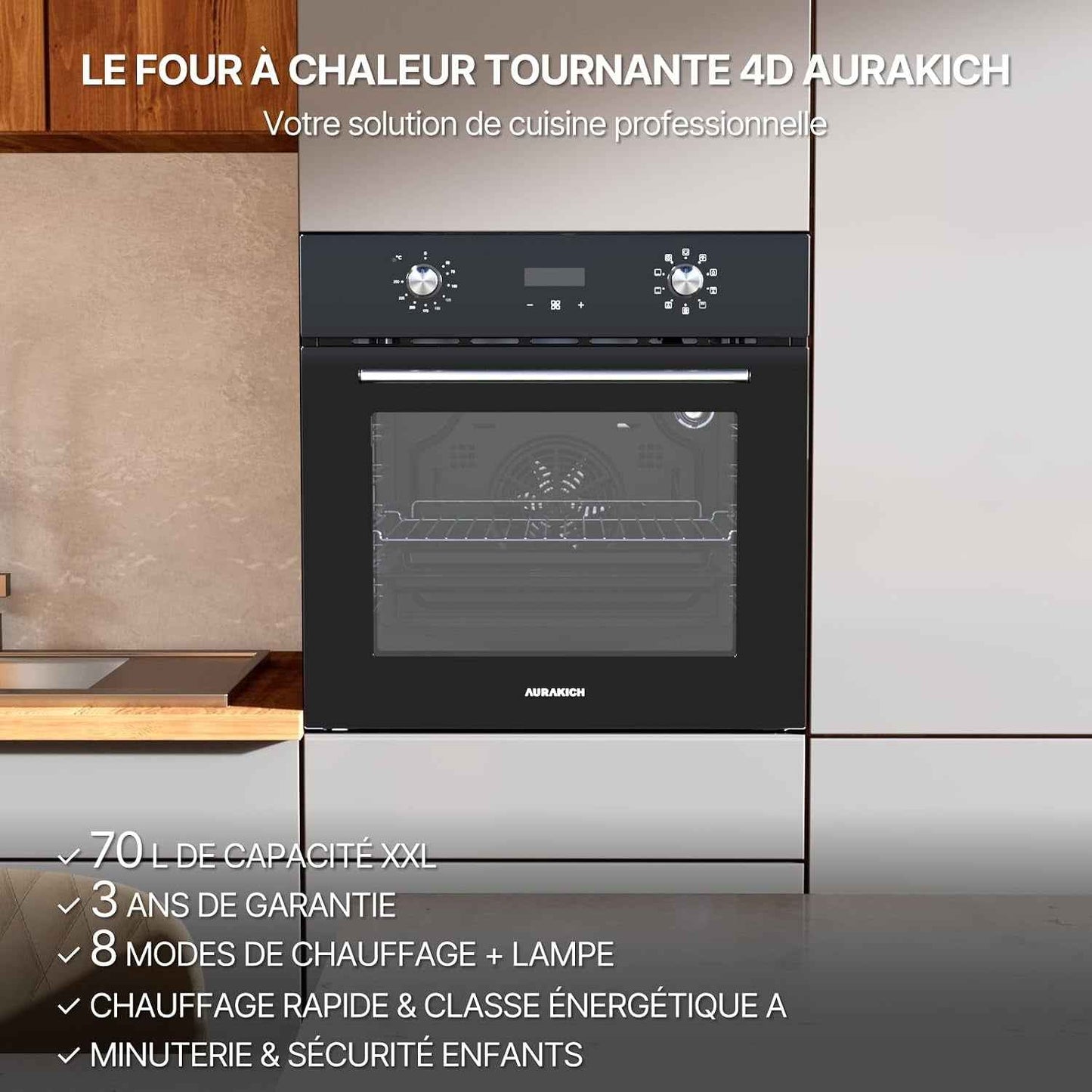 Four Encastrable 60 Cm, Capacité 70 L, Noir | Chaleur Tournante 4D, 8 Modes De Cuisson, Chauffe Rapide, Minuterie Et Sécurité Enfant, Classe Énergétique A, Garantie 3 Ans