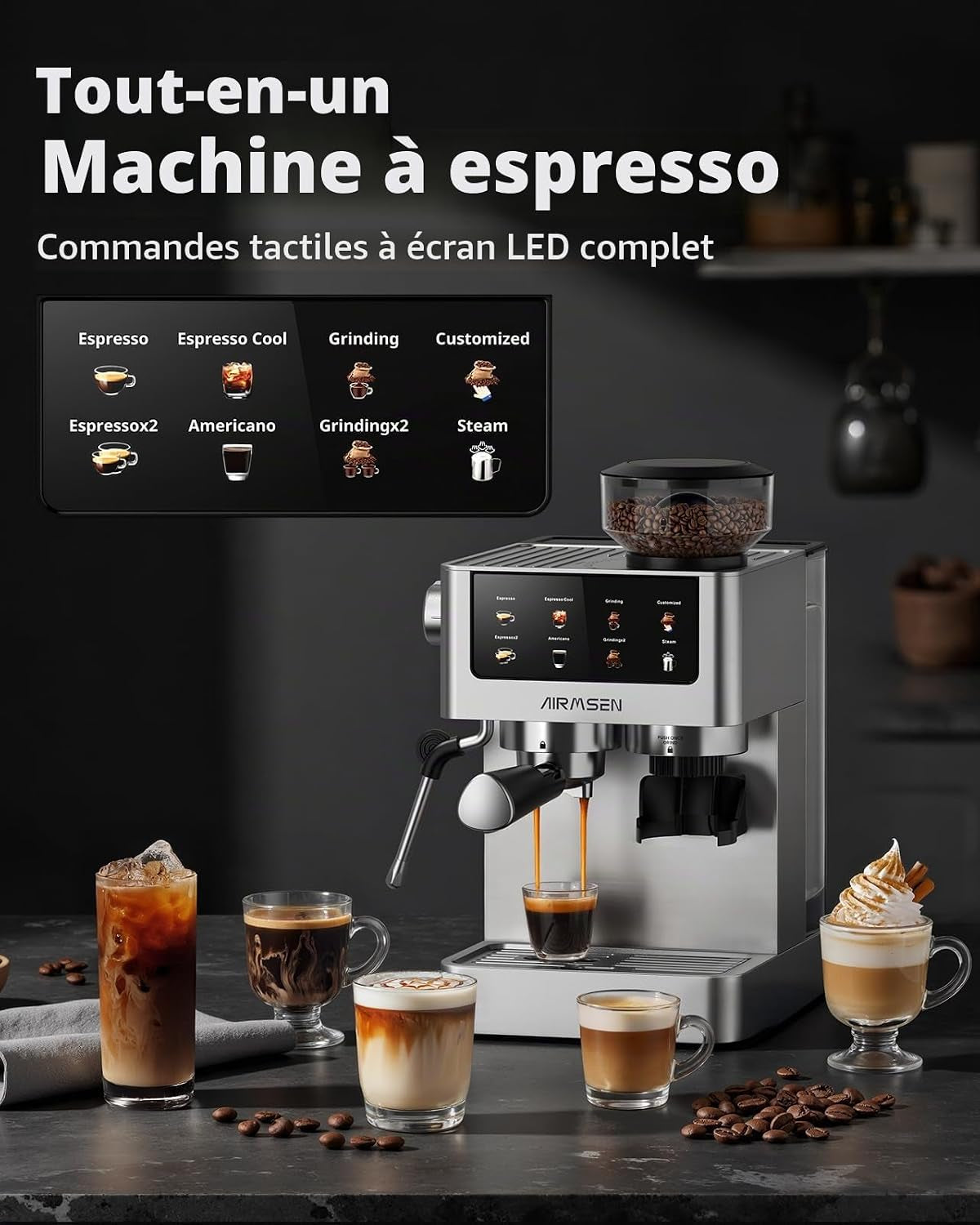 20 Bar Espresso Machine À Café Grain Avec Mousseur, 10 Réglages De Mouture, Ecran Tactile, En Acier Inoxydable, Réservoir 1,8 L- Espresso, Café Froid (Cold Brew), Americano Et Latte