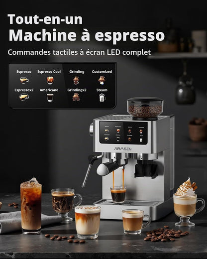 20 Bar Espresso Machine À Café Grain Avec Mousseur, 10 Réglages De Mouture, Ecran Tactile, En Acier Inoxydable, Réservoir 1,8 L- Espresso, Café Froid (Cold Brew), Americano Et Latte