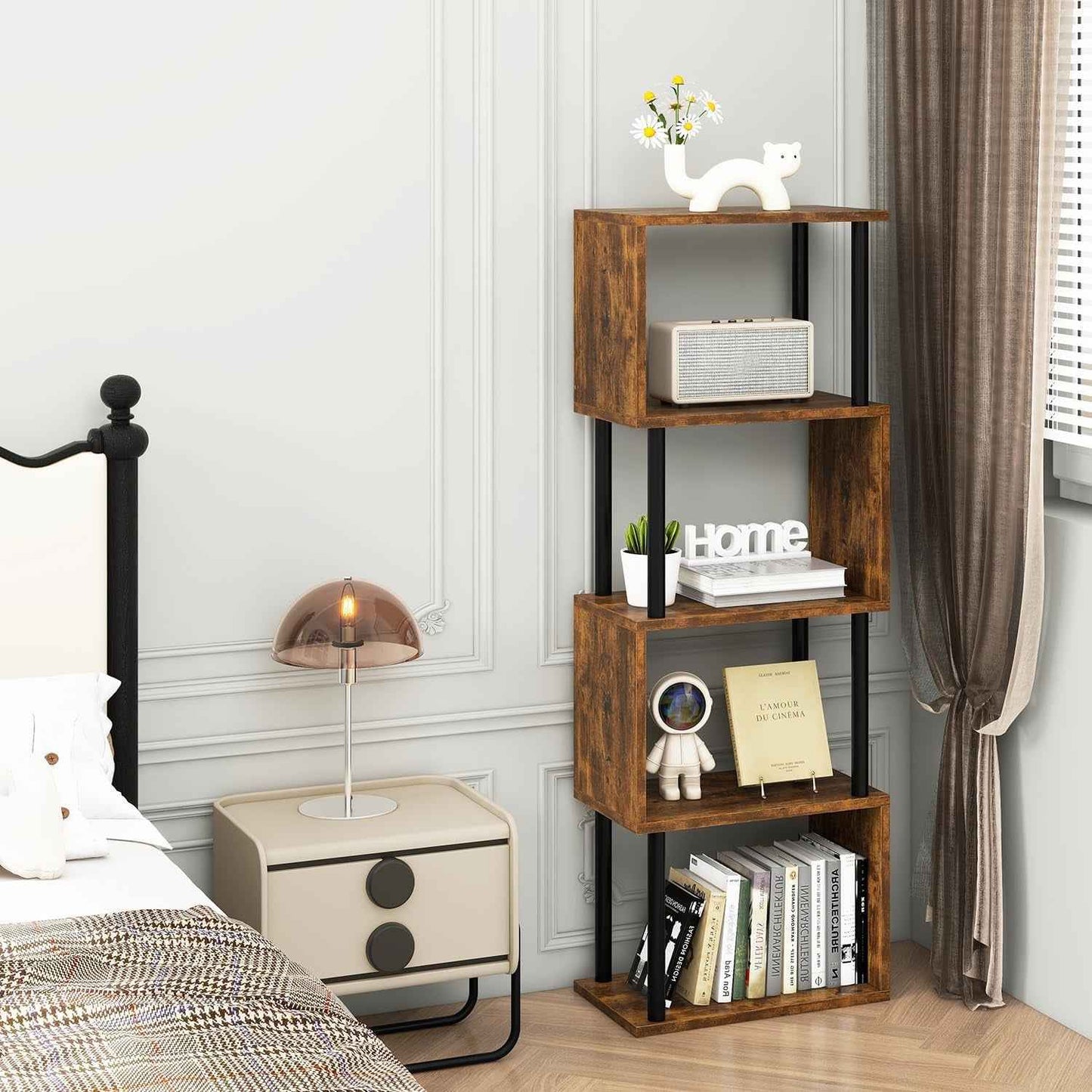 Bibliothèque En Forme De S, Étagère À 5 Niveaux,Marron WBC015H | Meuble De Rangement Bibliothèque Bois Moderne Pour Salon Chambre À Coucher Bureau À Domicile