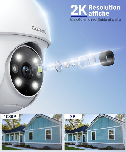 2K 3MP Camera Exterieur, Caméra De Surveillance Extérieur Y4-2P | Camera Surveillance Wifi Exterieure Étanche IP65, Vision Nocturne Couleur, Suivi Intelligent 360°, Alerte Instantanée, Alexa