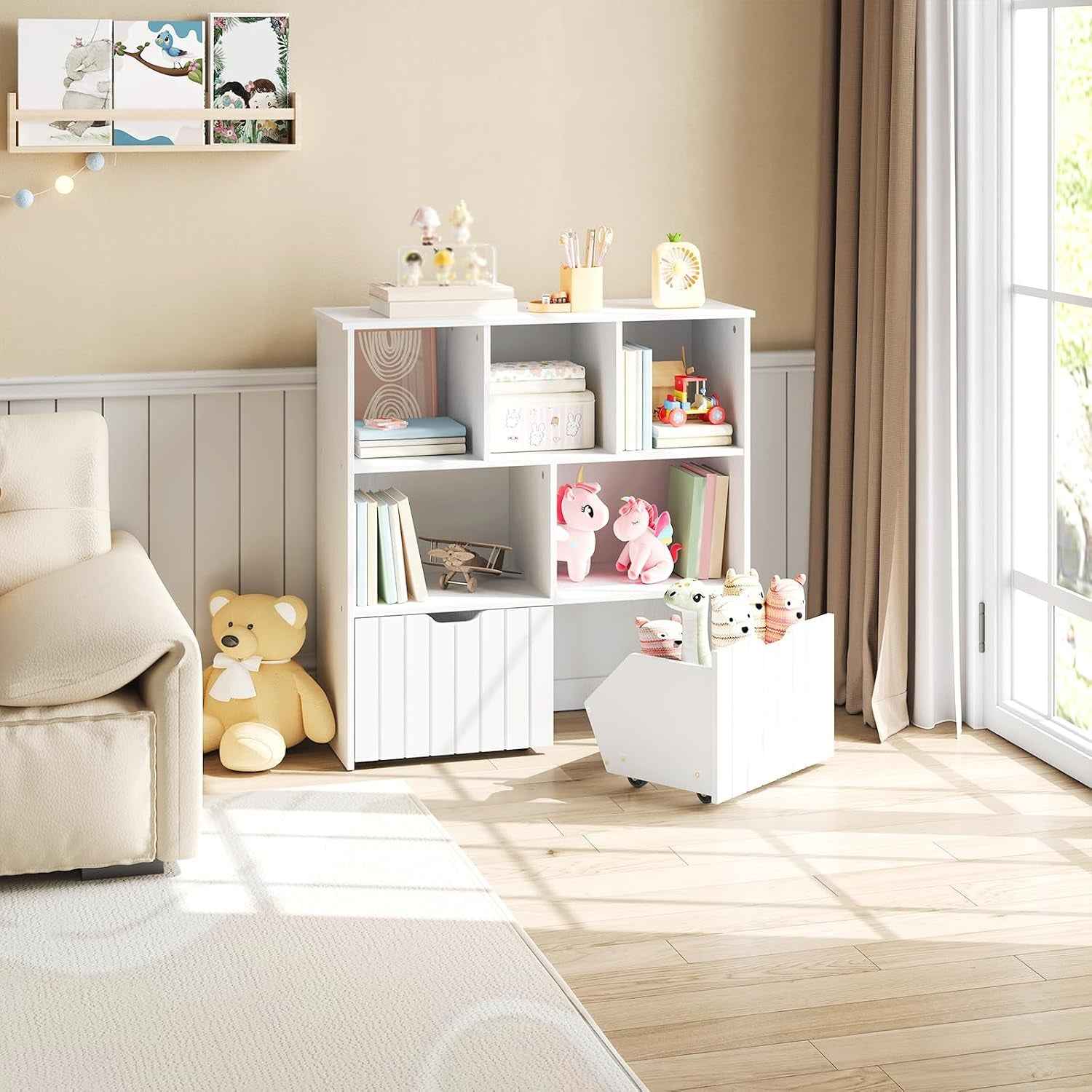 Étagère À Jouets, Bibliothèque Avec 2 Tiroirs Mobiles Indépendants Et 5 Compartiments De Stockage, Meuble De Rangement Multifonctionnel, Pour Salon, Chambre, Salle De Jeux, Blanc EWT88CW01