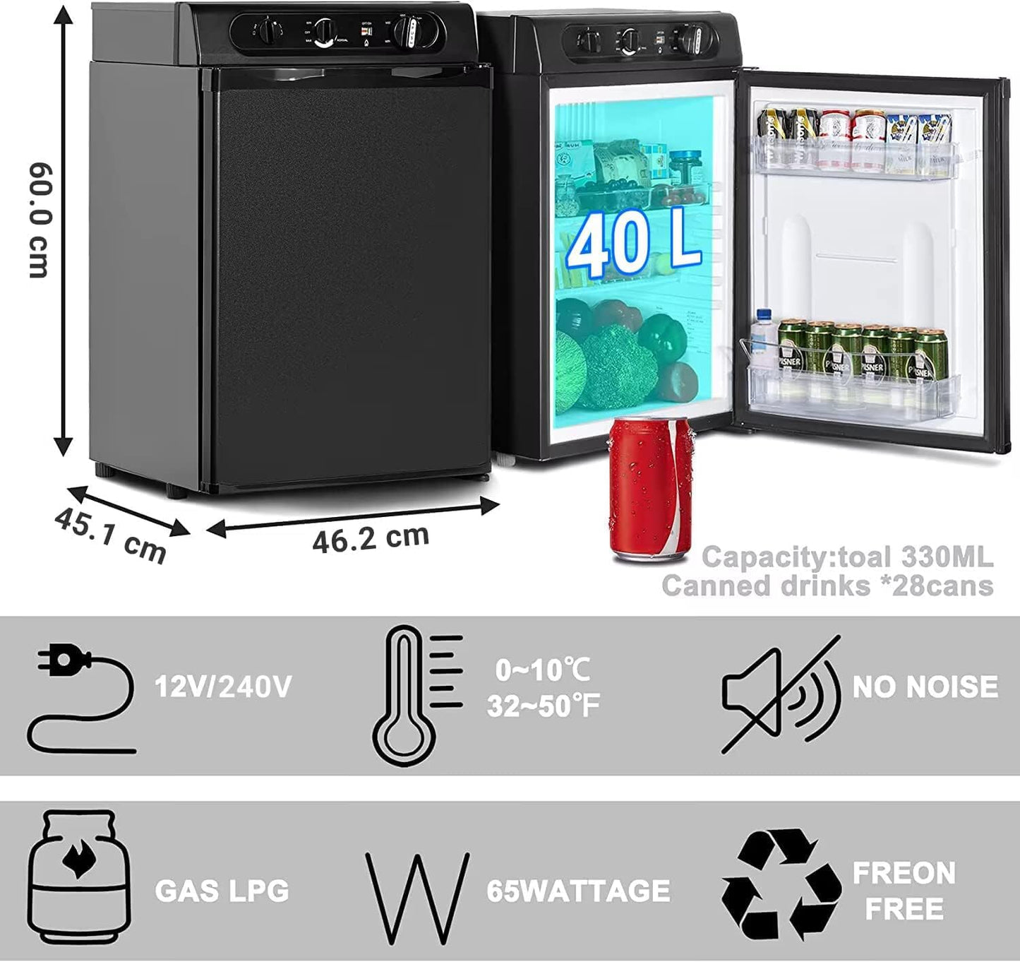 Frigo Trimixte 12V 220V Gaz, Frigo Camping Gaz, 40L, Silencieux Mini Frigo Bar, Mini Réfrigérateur Pour Camping Car Caravane Camion, Noir