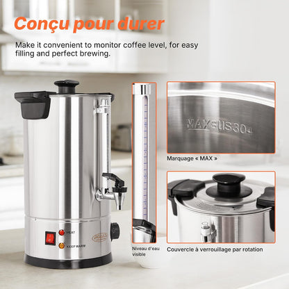 Hakka Percolateur À Café 7L/50 Tasses, Professionnelle Percolateur En Acier Inoxydable, Grand Distributeur De Café, Commercial Percolateurs Électrique Avec Indicateur De Niveau D'Eau (Max: 5,7L)