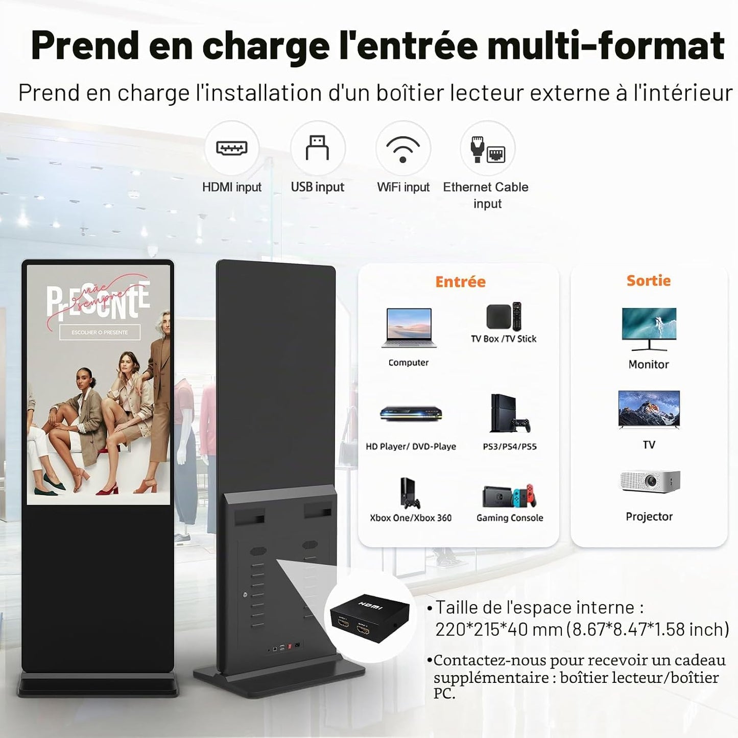 65" Écran Publicitaire 4K, Totem Affichage Autoportant IPS, Luminosité 450 Nits, Système Android, Ecran Publicitaire Interactive Pour Commerces Et Restaurants, Hdmi/Usb/Wifi, Tactile