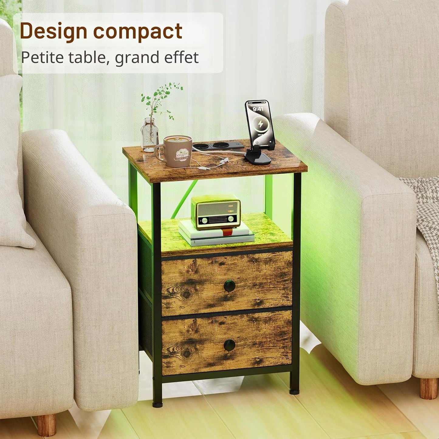 Lot De 2 Tables De Chevet, Table De Nuit Avec Prise Intégrée LED | Table D'Appoint Avec 2 Tiroirs Et Compartiment Ouvert, Pour Chambre, Salon Ou Canapé, Marron EHETS02BR