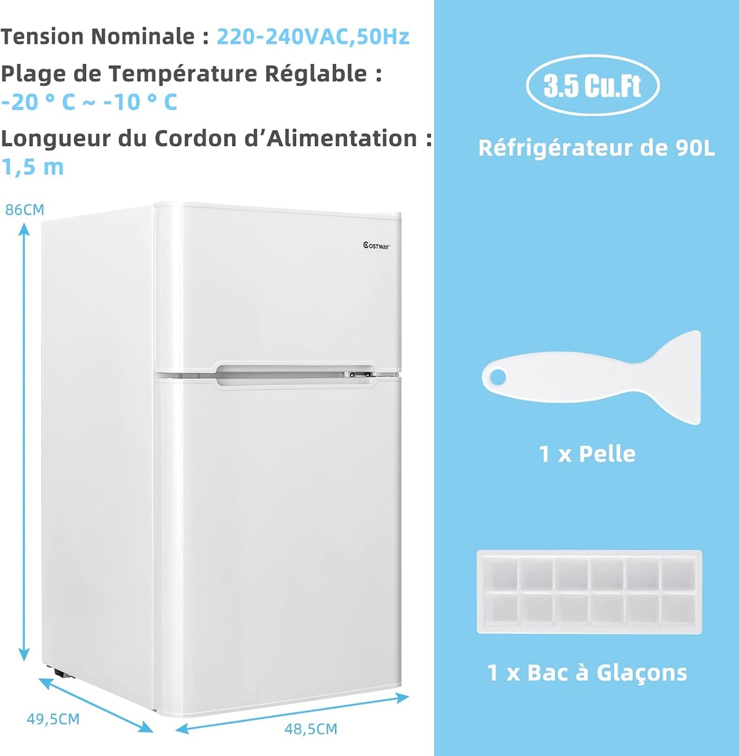 Réfrigérateur À Double Porte 90 L, Réfrigération Rapide, Économie D'Énergie, Réfrigérateur En Métal Avec 7 Niveaux De Température, 48,5 X 49,5 X 86 Cm (Blanc)