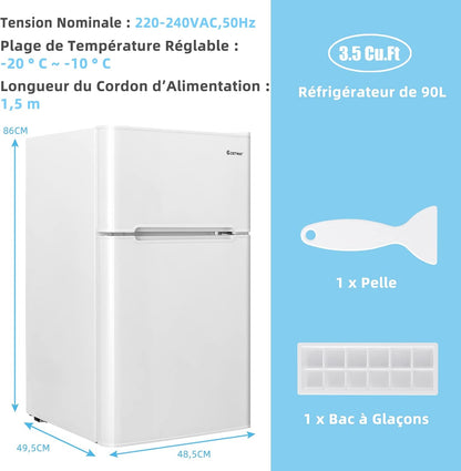 Réfrigérateur À Double Porte 90 L, Réfrigération Rapide, Économie D'Énergie, Réfrigérateur En Métal Avec 7 Niveaux De Température, 48,5 X 49,5 X 86 Cm (Blanc)