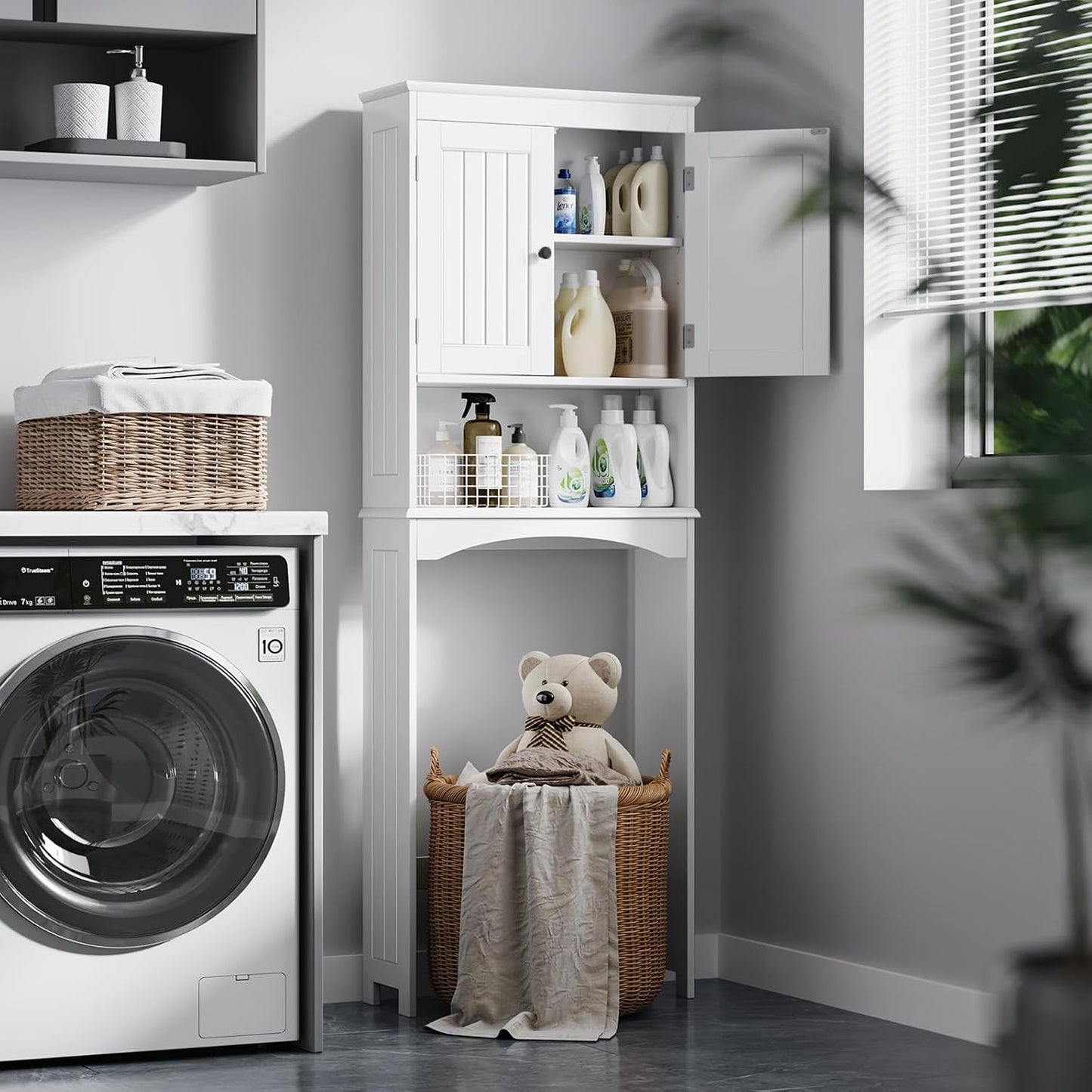 Meuble WC, Étagère De Toilettes Sur Pied, Meuble Toilette Avec 2 Portes, Étagères Réglables Et Compartiments Ouverts, Blanc