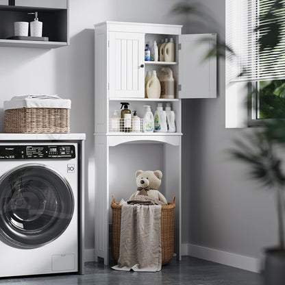 Meuble WC, Étagère De Toilettes Sur Pied, Meuble Toilette Avec 2 Portes, Étagères Réglables Et Compartiments Ouverts, Blanc